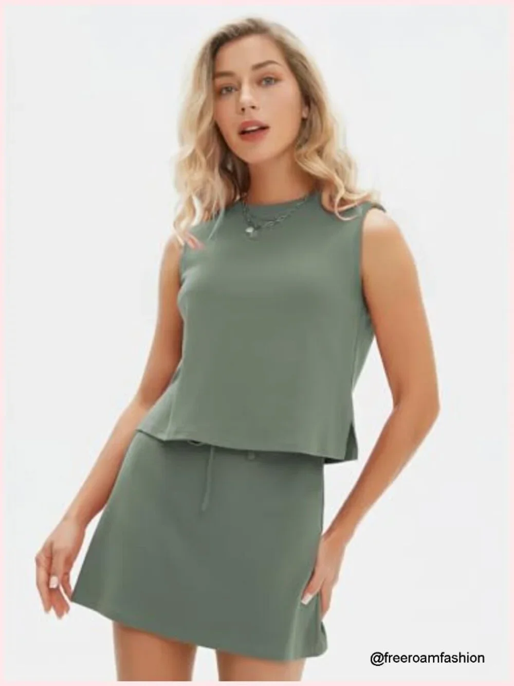 Summer 2 Piece Short Skirt Set Sleeveless Top Tennis Skorts Cotton Matching
